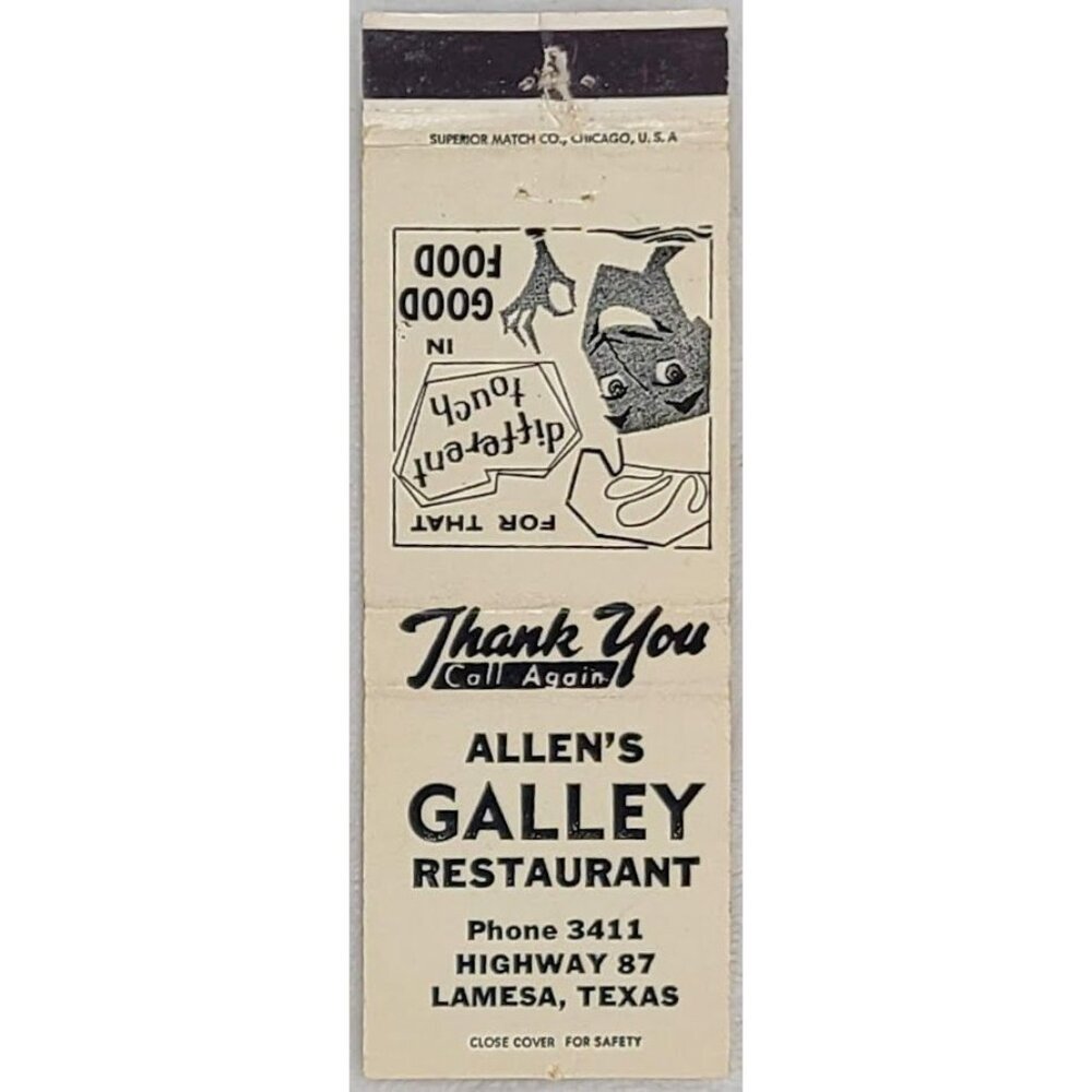 Front Strike Matchbook Cover Allen’s Galley Restaurant Lamesa TX Texas